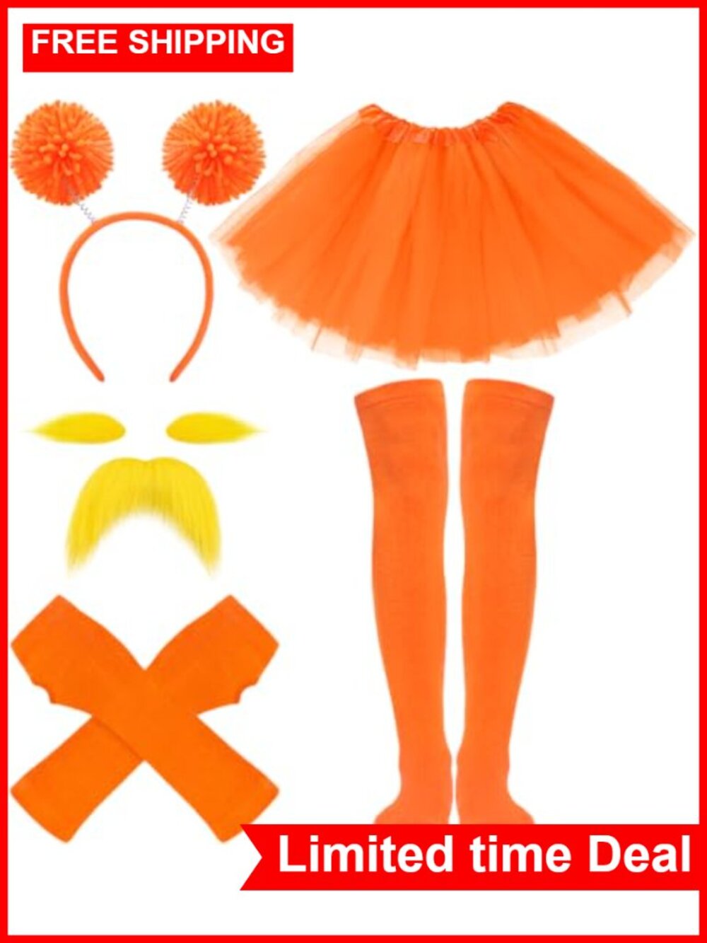 5pc Halloween Costume Set Tutu Headband Mustache Socks Gloves